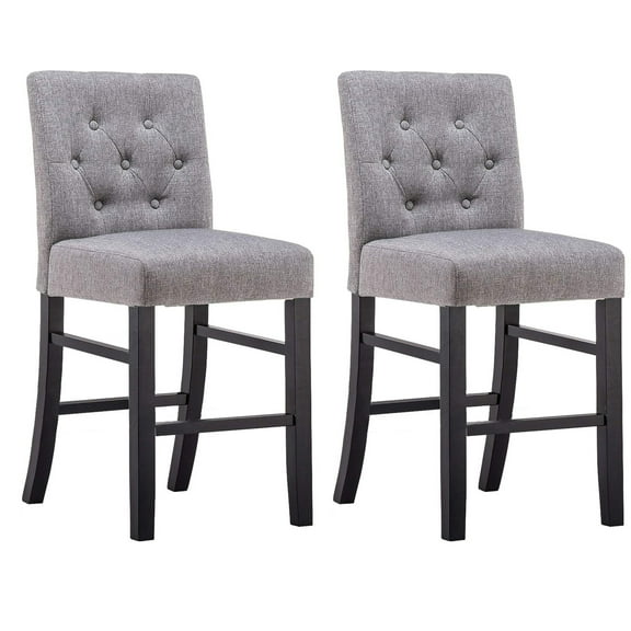 Homy Grigio Gray Fabric Tufted Modern Upholstered 24 inch Bar Stools with Full Back and Black Solid Wood Legs sets of 2