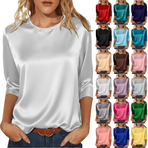 Tqcoqu Women's Satin Silk Shirts,Casual 3/4 Sleeve Crew Neck Tunic Tops,Loose Fit Dressy Business Work Office Blouse,Black Women's S-XXL