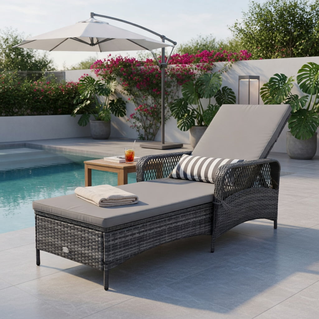 Hommoo Outdoor Chaise Lounge Chair with 6-Position Reclining Backrest, PE Rattan Patio Lounger, Includes Seat Cushion & Waist Pillow, Gray