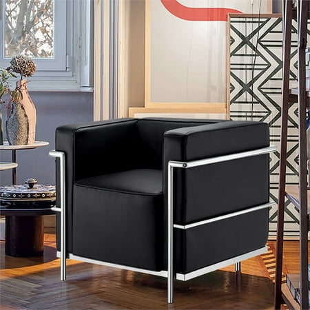 UPC: 0308076147217 | CRO Decor Black Genuine Leather Armchair with Encasing Stainless Steel Frame