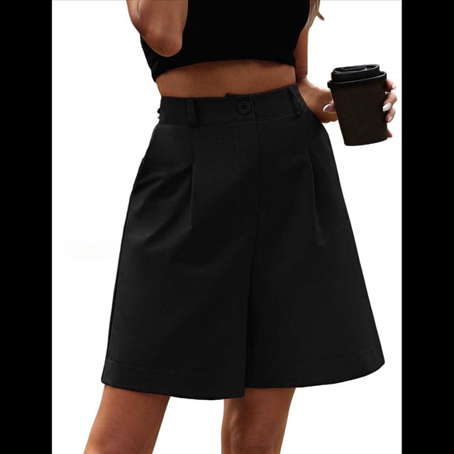 Pantalones Cortos de Verano para Mujer, con Cintura Elástica, Pierna y Hasta la Rodilla, con Bolsillos, Color Negro, Talla S