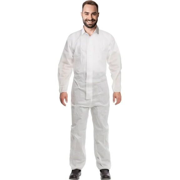 White Disposable Coveralls for Men, Medium. Pack of 5 Painters Overalls for Women. Liquid Proof SMS 60 GSM Hazmat Suit with Zipper Closure, Elastic Wrists, Ankles & Lower Back