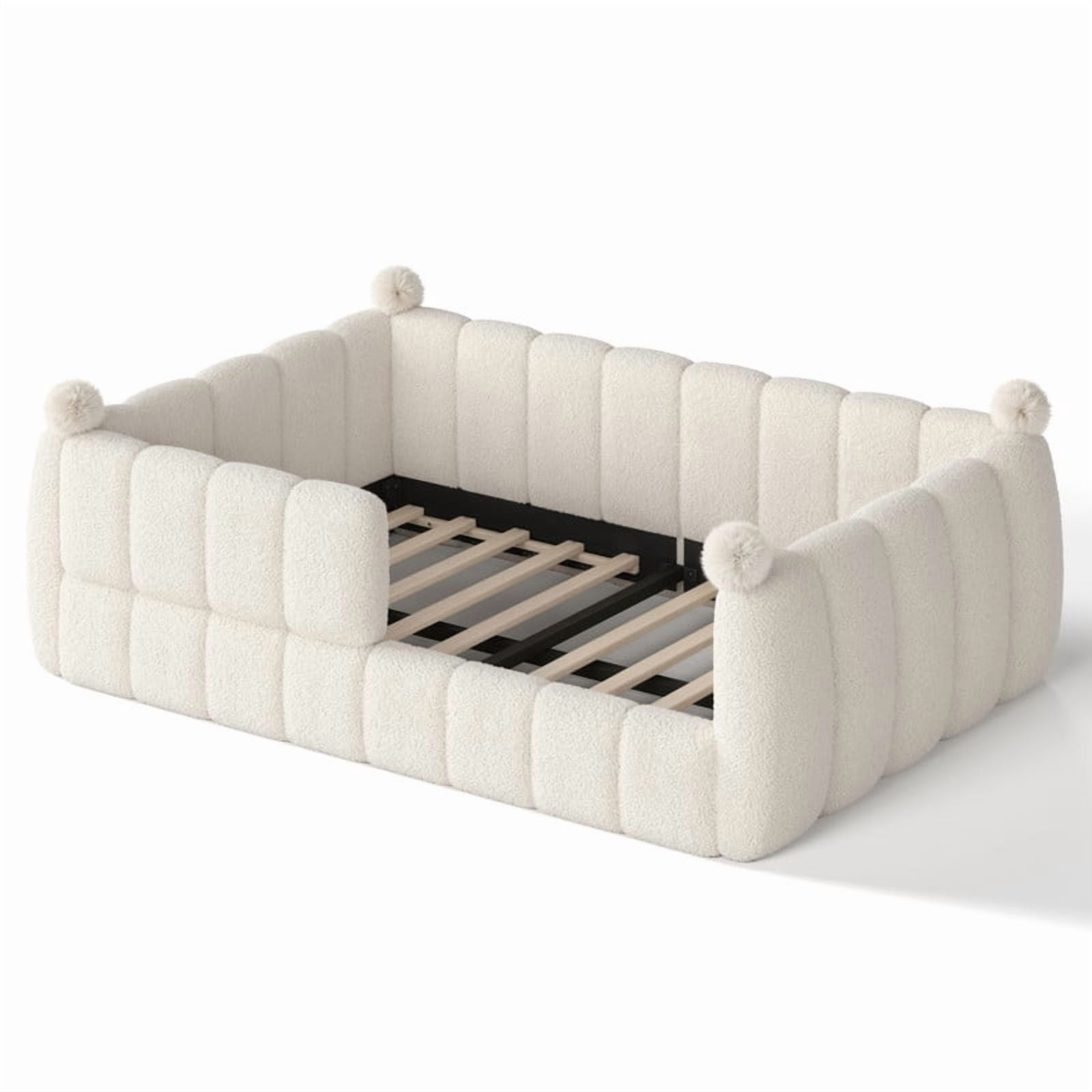 Howcool Montessori Upholstered Floor Bed,Full Size Low Toddler Bed with Full Surround Safety Rails, Beige