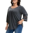 thumbnail image 3 of Agnes Orinda Women's Plus Size Tops Long Sleeve Crochet Panel Hollow Out Pleated Casual Tunics Blouse 2X Dark Grey, 3 of 7
