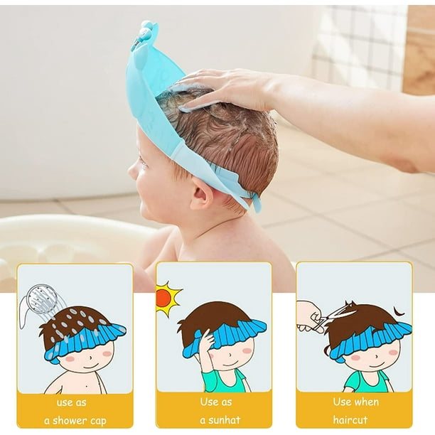 QUETO Bonnet de douche pour bébé, joli bonnet de douche, chapeau à visière  réglable, protège les yeux et les oreilles des enfants (Bleu) 