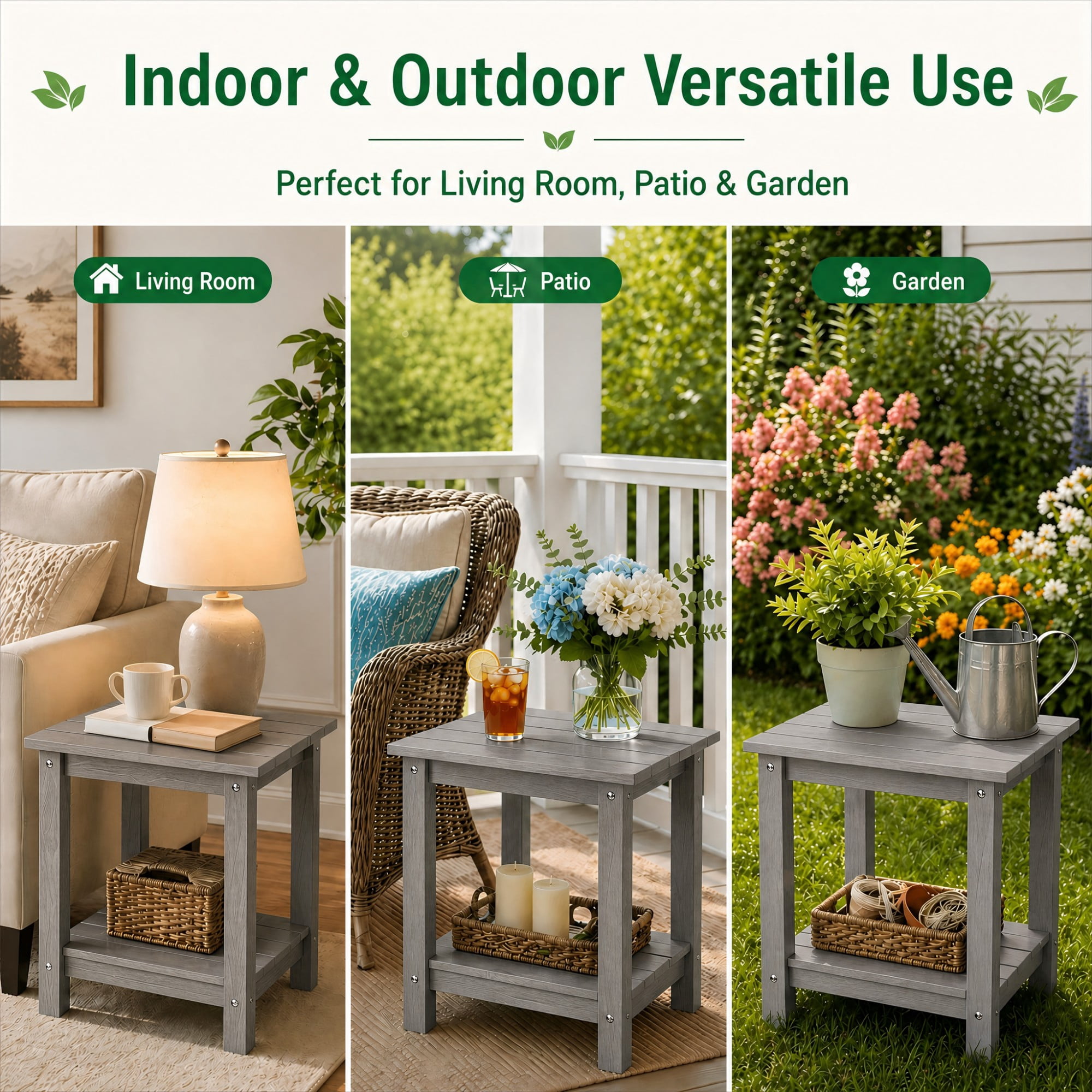 Y&M Outdoor Side Table, HDPE Patio End Table for Adirondack Chair, Weather Resistant Small Accent Table, Gray, Double Layer