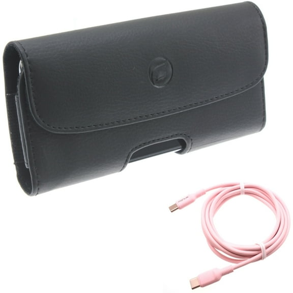 For Google Pixel 6a - Case Belt Clip w Pink 10ft Long Cable, Leather Holster Cover, USB-C to Type-C PD Fast Charger Cord for Google Pixel 6a Phones