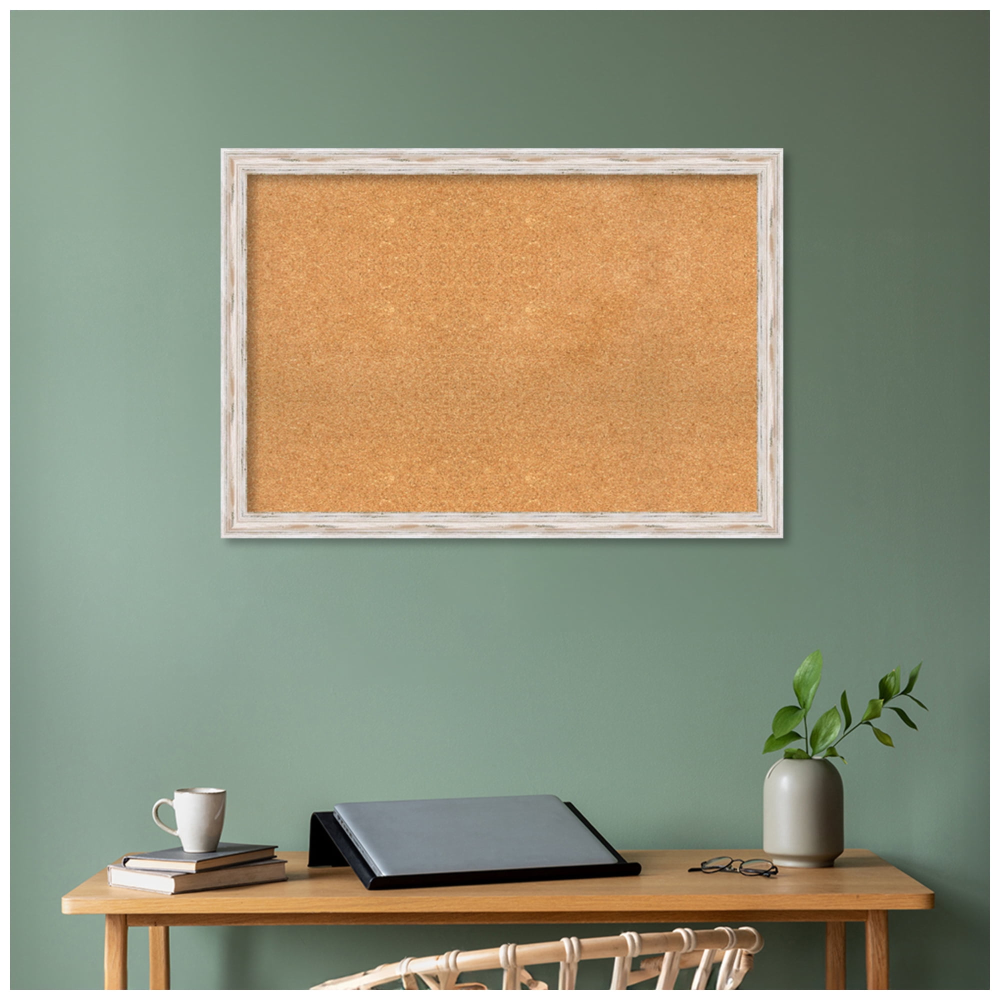 Amanti Art Natural Cork Board Wood Framed Alexandria White Wash Narrow Bulletin Board 39 in. x 27 in.