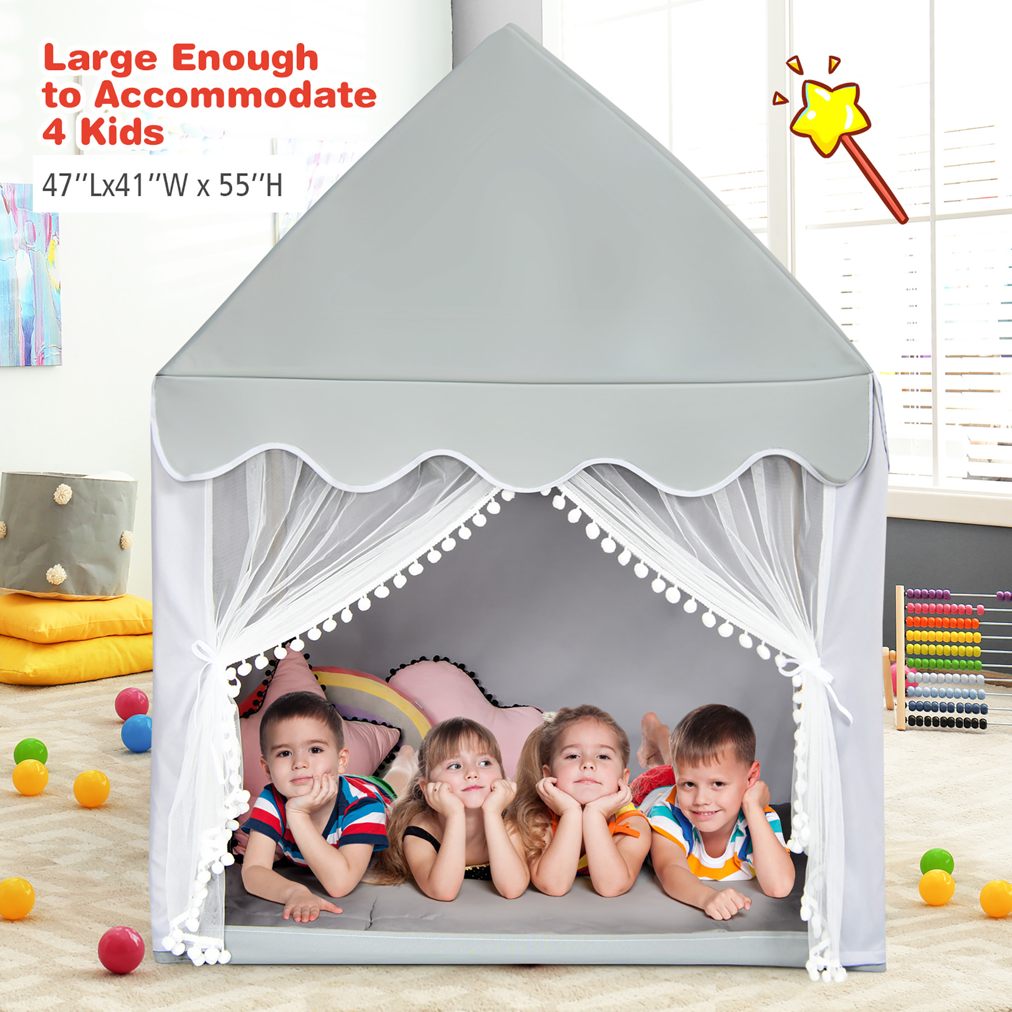 Costway Kids Play Tent Large Playhouse Children Play Castle Fairy Tent Gift w/ Mat Gray - image 2 of 9