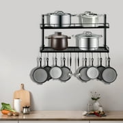 Miumaeov 2 Tier Kitchen Shelf Hanging Pot Rack with 10 Hooks Wall Mounted Pan Holder Cookware Storage Organizer