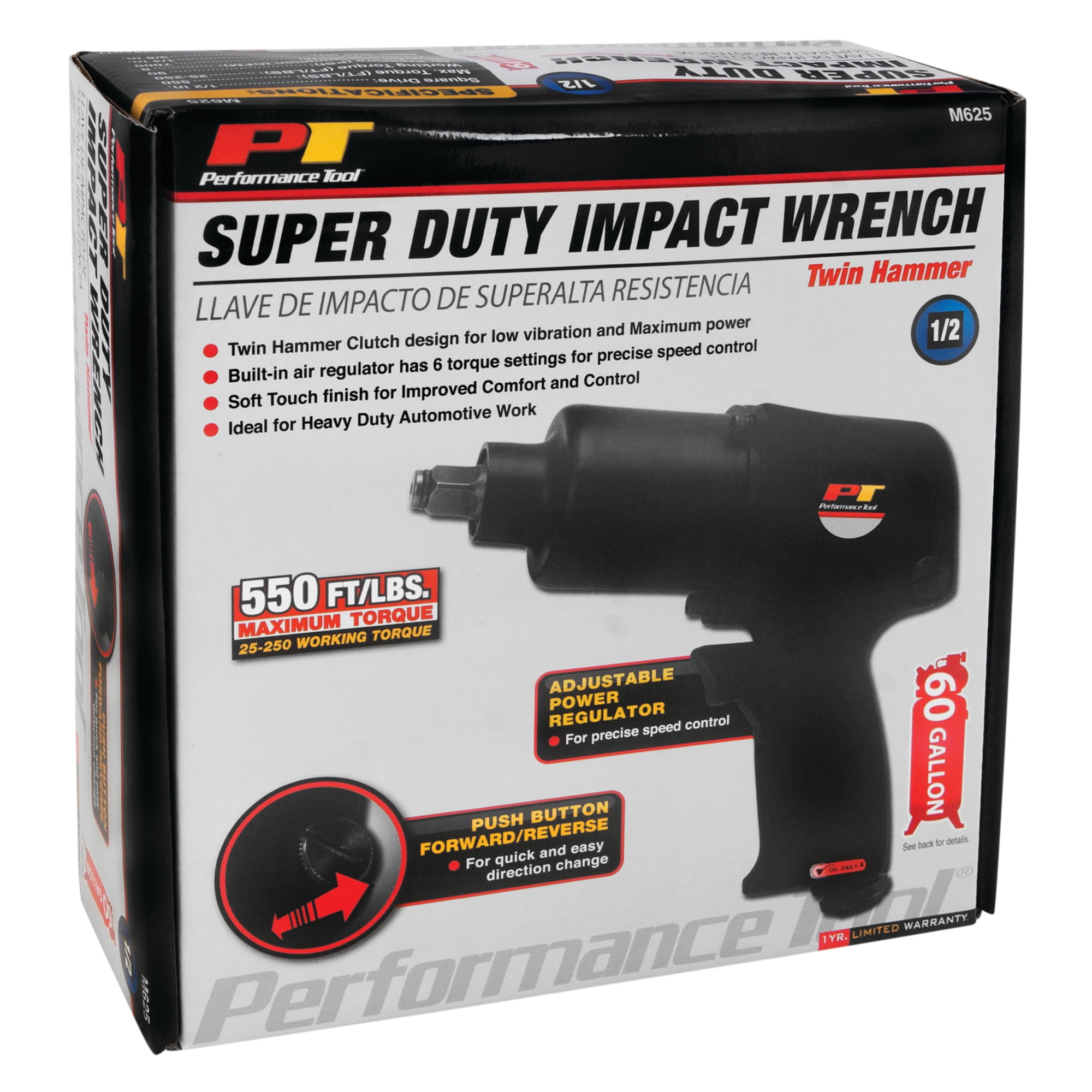 Performance Tool M625 1/2-Inch Super Duty Impact Wrench, 550 ft/lbs of torque