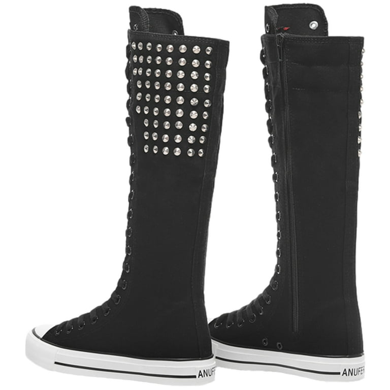 ANUFER Women Fashion Canvas Dance Boots Knee High Bicycling Boots Girls Fancy School Shoes Black Rivets SN914AB US6.5 Walmart