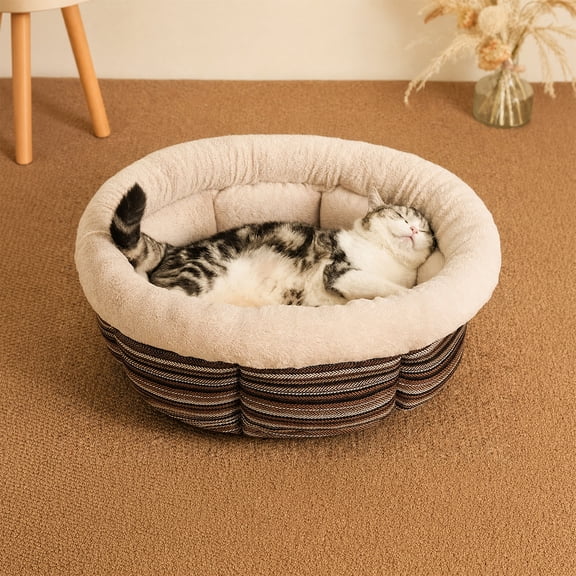 JoyPetto Round Deep Sleep Pet Bed, Calming Washable Surface, Non-Slip Base, Cozy Warm Nest for Cats, Small Dogs & Rabbits,16*16*7.5in