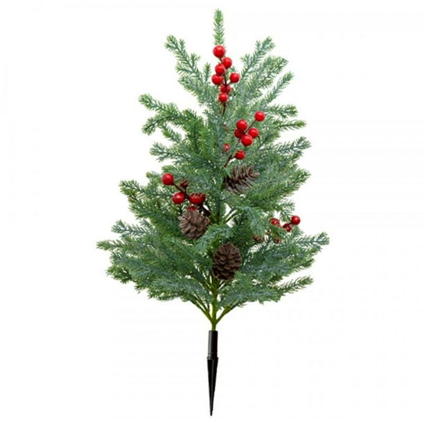 Árbol artificial con estaca para decorar el camino exterior del porche delantero. Piñas de frutos rojos