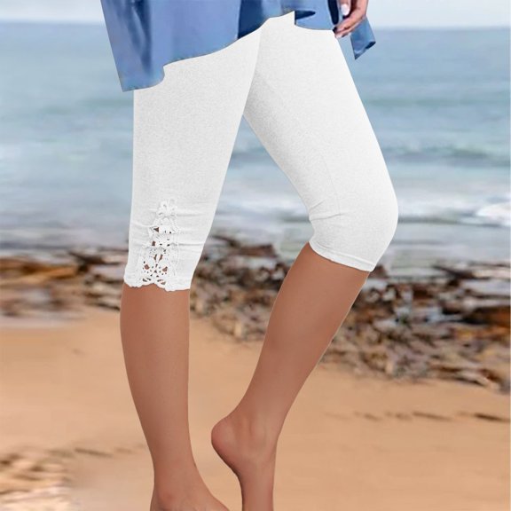 Womens Leggings Tummy Control Floral Lace Capris High Waisted Slim Stretchy Versatile Spring Autumn Cropped Capris Pants (White XXL)