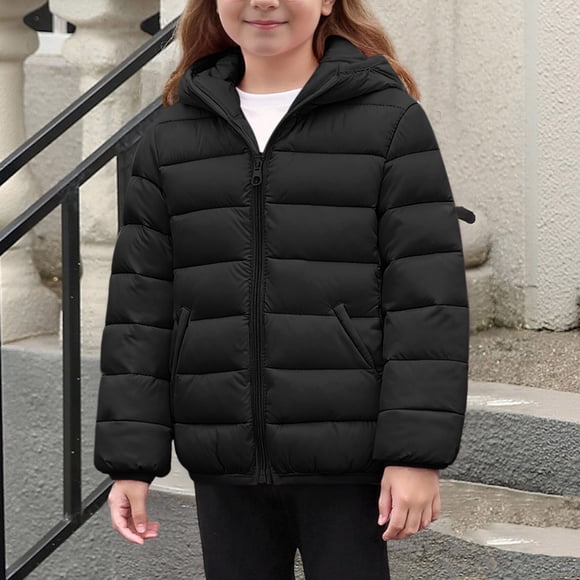 Chaqueta de plumas ligera para niños y niñas, abrigo de invierno con capucha, color liso, manga larga, abrigo cálido para uso diario informal, negro, 4-12 años