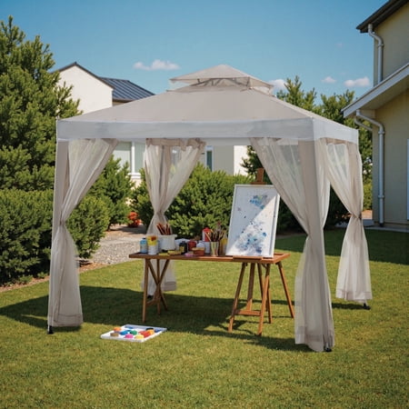 Sunjoy 8’ x 8’ Outdoor Patio Gazebo, Outdoor Backyard Modern 2-Tier Steel Frame Soft Top Gazebo with Mesh Netting - Beige & White