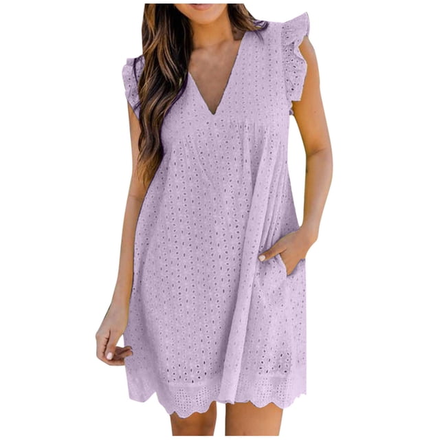 KIHOUT Robes d'Été pour Femmes, Mode Dames Unie d'Été Sans Manches à Col en V Décontractée Ajourée Mini à Fermeture Éclair Patchwork avec Poches Combinaison Barboteuse Violet m