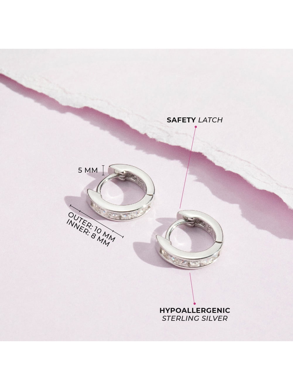 Channel Set CZ Clear 8mm Earrings Hoop/Huggie Safety Latch - Sterling Silver