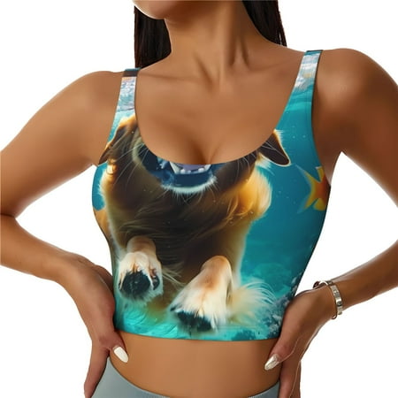 Jgfou Dog Underwater Adventure Print Womens Sports Bra - Padded Workout Sports Bras Crop Tank Top