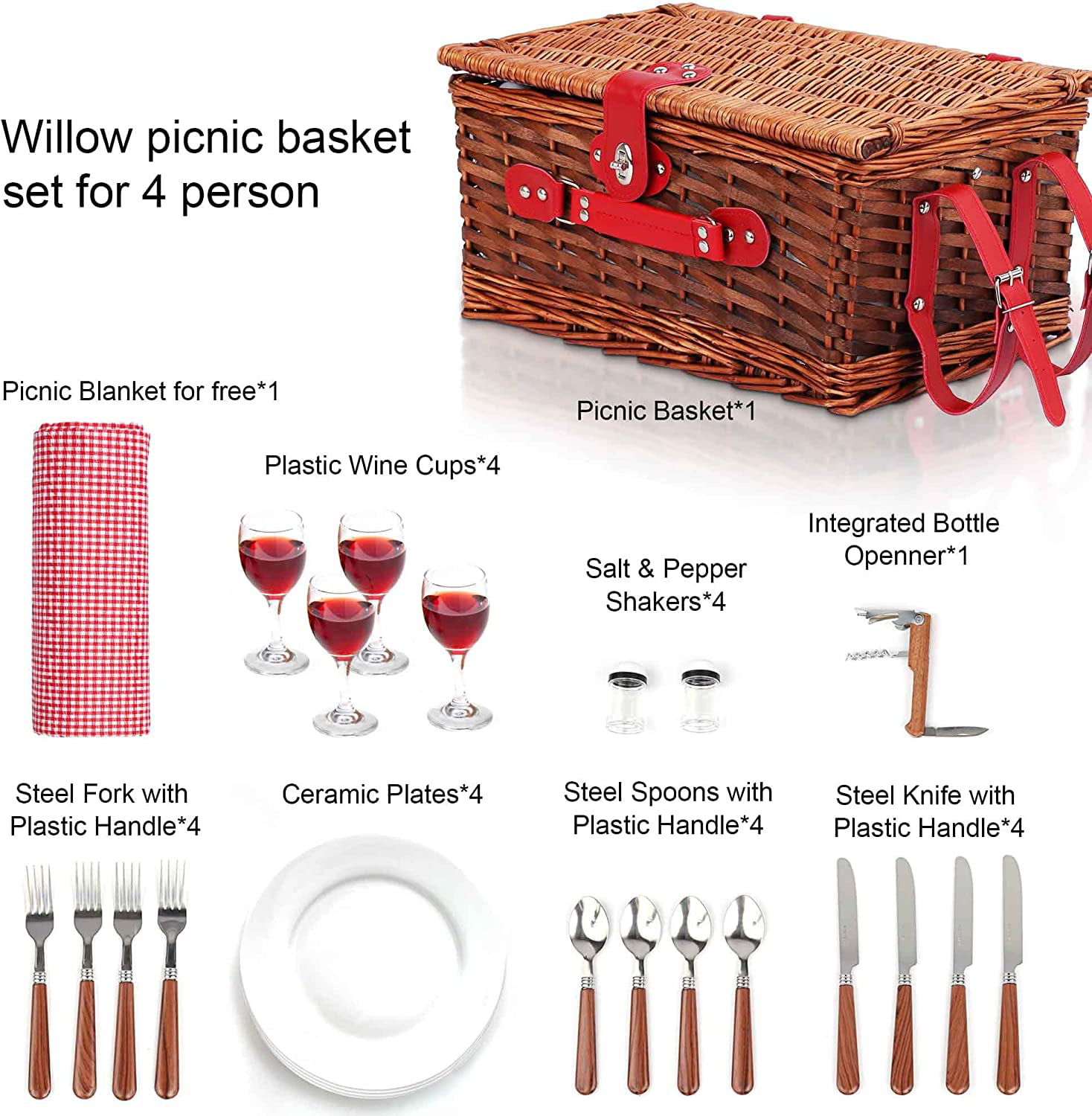 Waterproof Picnic Blanket Camping Wicker Picnic Basket Set for 4 Persons with Large Insulated Cooler Bag Outdoor Party Top Handle Willow Picnic Hamper for Family 