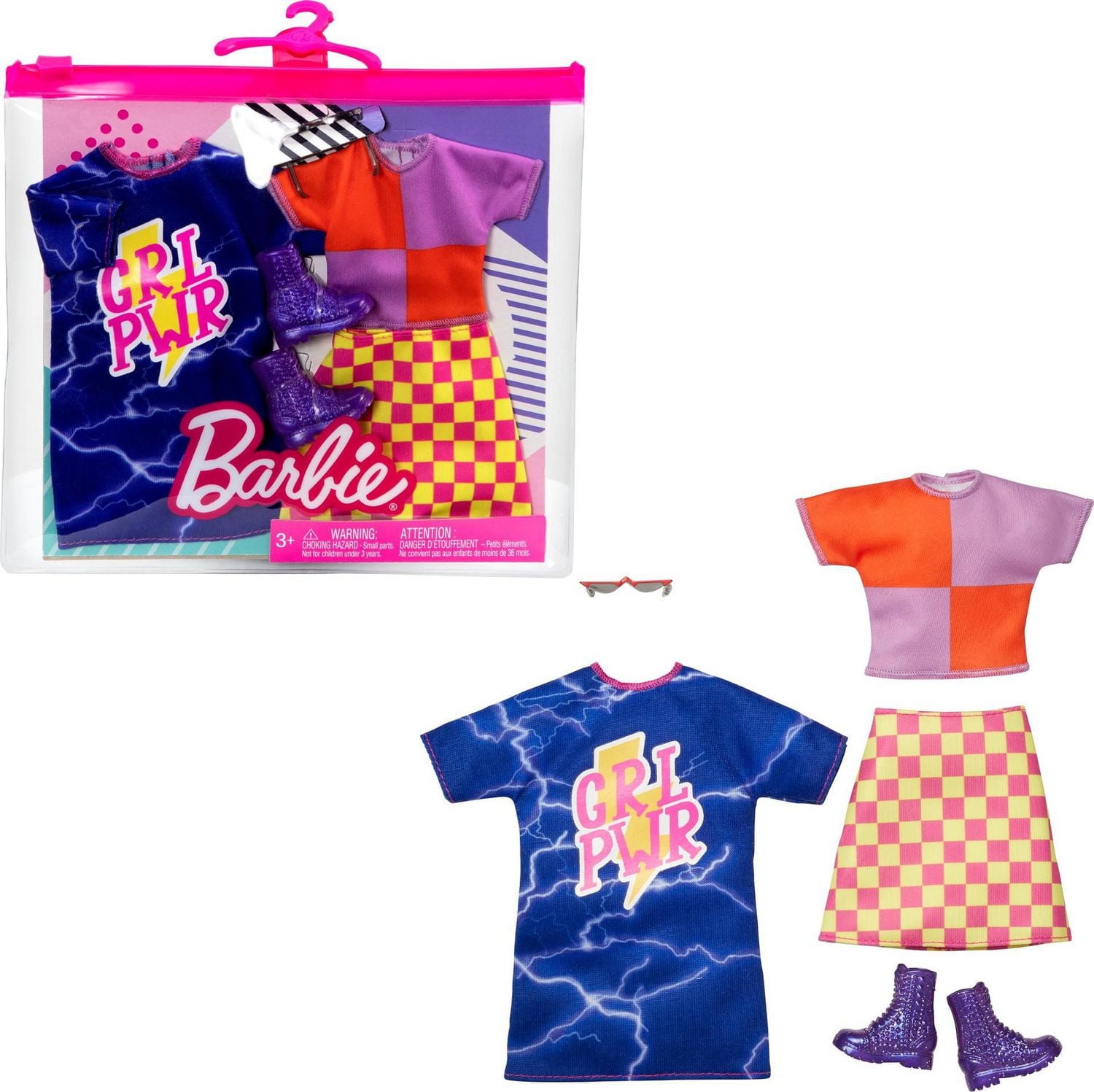 ​Barbie Fashions 2-Pack Clothing Set, 2 Outfits for Barbie Doll Includes Color-blocked Shirt with Checkered Skirt, a “GRL PWR” Blue Sweatshirt Dress & 2 Accessories, Gift for Kids 3 to 8 Years Old