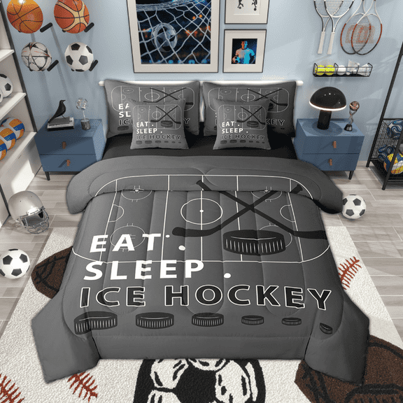 Feelyou Eat Sleep Ice Hockey Print Twin Bedding Sets 7pcs, Gray Ice Hockey Rink Bedding Comforter Set, Teens Kids Sports Sheet Sets