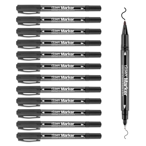 YISAN Twin Tip Permanent Markers,12 Ultra Fine Point Black Permanent Marker Set for Glass, Plastic,Wood,Stone,70788