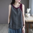 thumbnail image 5 of Women Casual Daily Shirts O Neck Sleeveless T Shirt Tee Vest Color Block Button Cotton And Llinen Loose Tank Tops Blouse, 5 of 7
