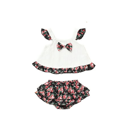 

Pfysire Newborn Girls Outfits Floral Ruffle Sleeveless Tops Shorts White 12-18 M