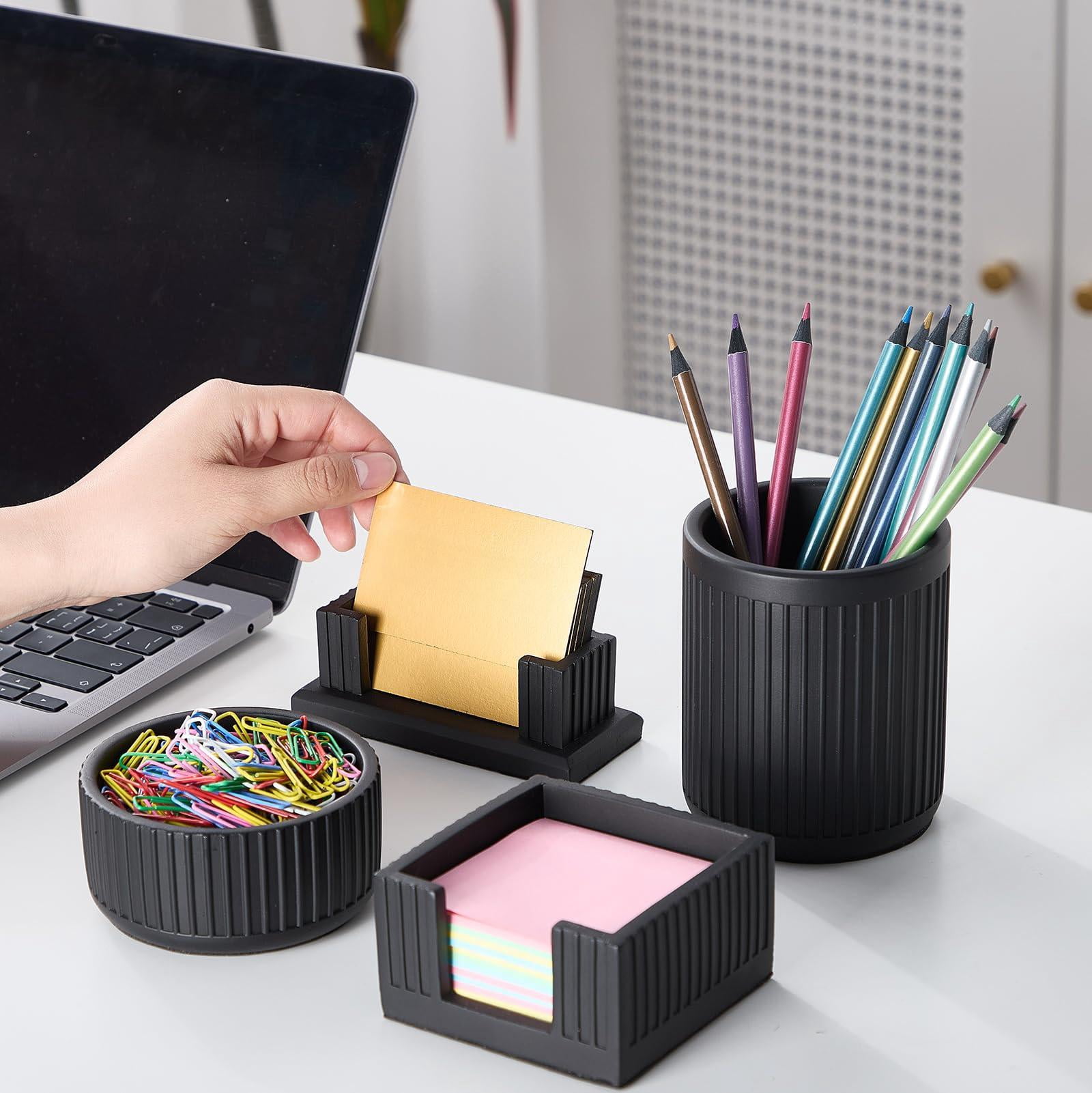Set Of 4 - Concrete Desk Accessories For Modern  Industrial Minimalist Office Decor- Aesthetic Organizers Women Or Men- Pen Business Card Holder & Sticky Note Paper Clip
