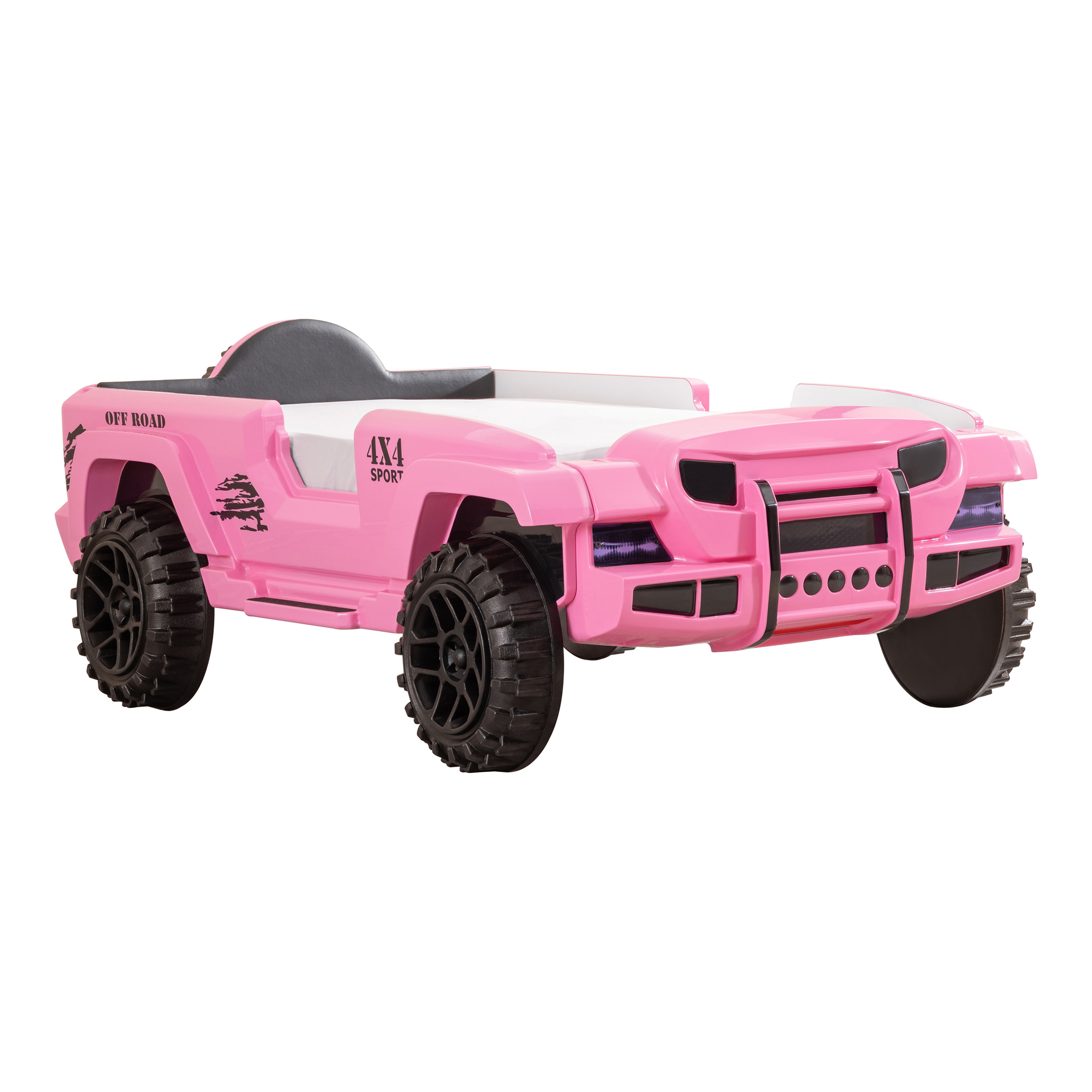 Furniture of America Terra Kids Plastic Twin Off-road SUV Bed with LED and Sound, Pink