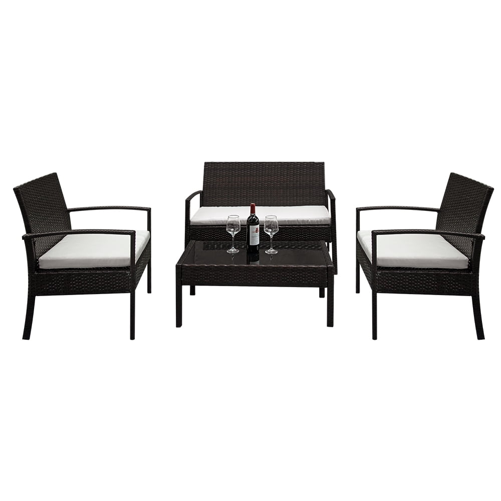 Outdoor Patio Bistro Furniture Set, 4 Pcs All-Weather Rattan Chair Set, Durable Patio Conversation Furniture Set, Cushioned Seats & Glass Table, Bistro Table Set for Garden Poolside Balcony, T2185