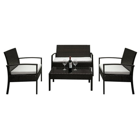 Bistro Patio Sets of 4 BTMWAY Wicker Patio Furniture Set Cushioned Outdoor Conversation Set for Deck Lawn Porch Patio Chairs and Table Set with Loveseat Single Chairs End Table R433