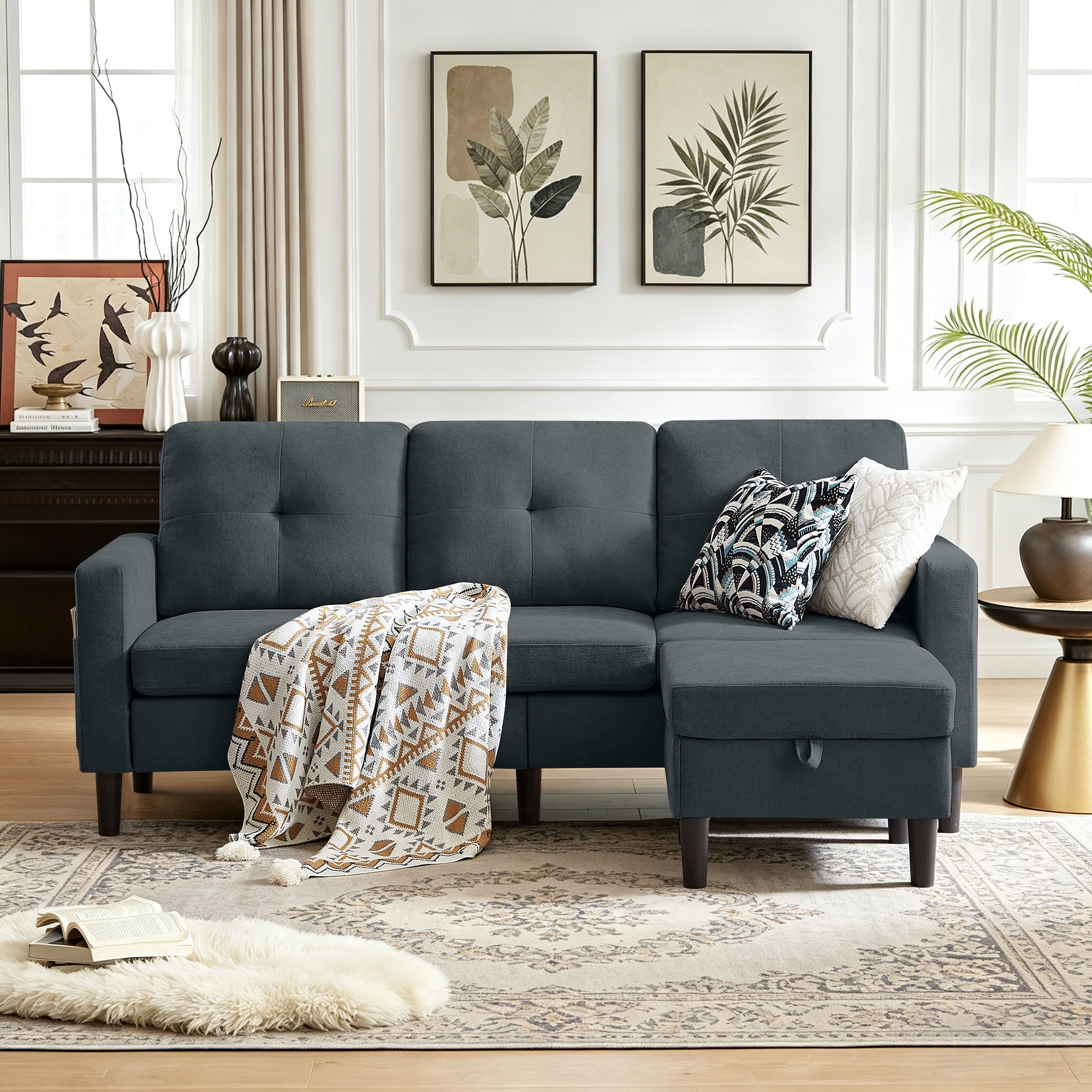 Tornama Linen Small L Shaped 3-Seat Convertible Sectional Sofa, Dark Gray