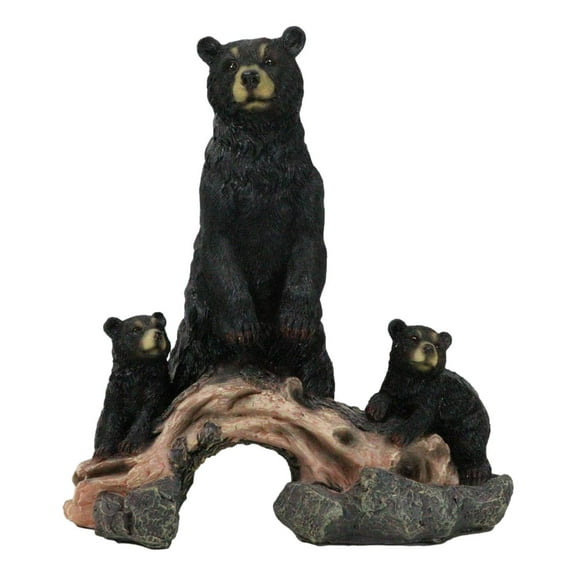 Rustic Forest Standing Black Bear and 2 Cubs On Faux Wooden Log Bridge Figurine