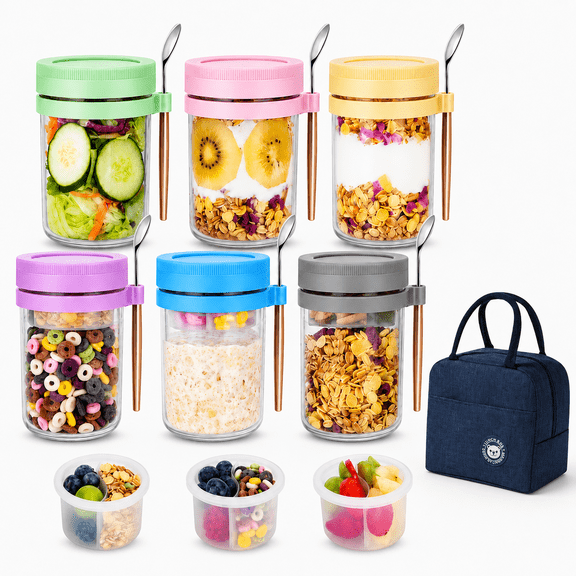 Ocalpur 6 Pack Overnight Oats Containers with Lids, 16 oz Glass Breakfast Containers with Spoons, Divided Topping Cups and Insulated Lunch Bag
