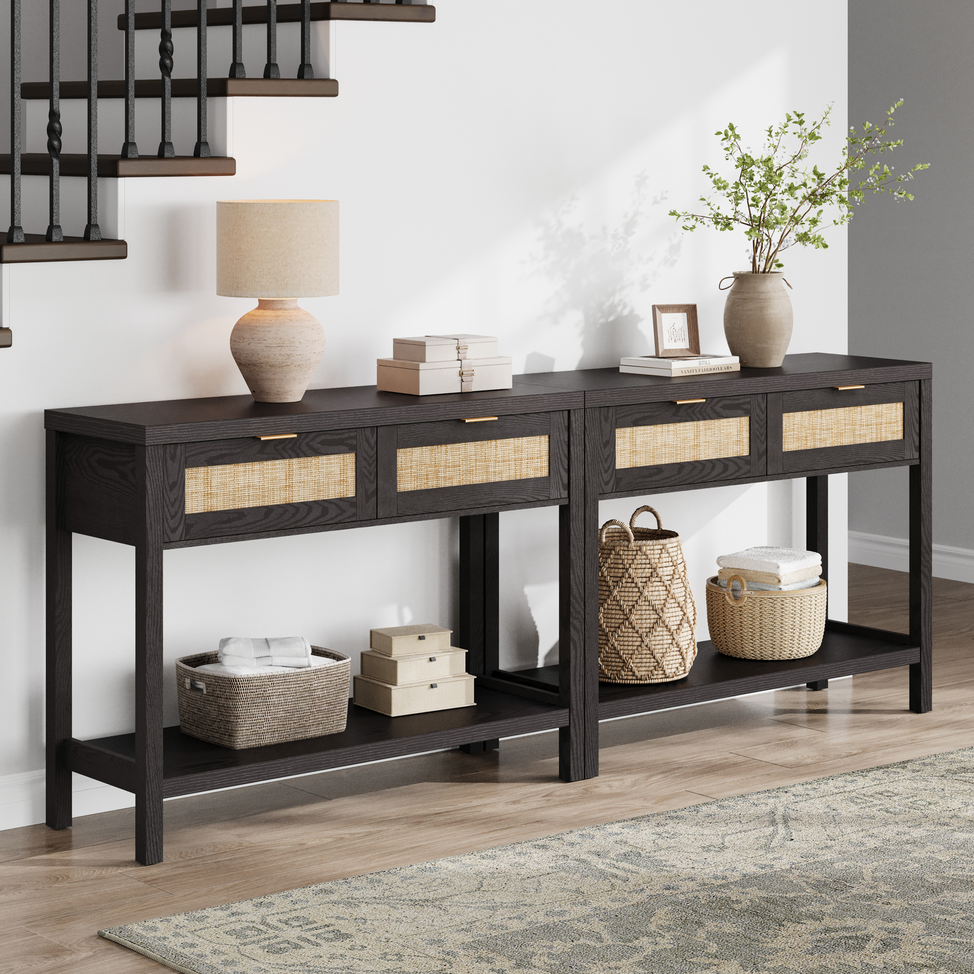 SICOTAS 39.4 Inch Wide Rattan Console Table Set of 2 with 2 Drawers & Shelf, Boho Entryway table with Large Storage Capacity for Entrance Way, Hallway, Living Room - Black Oak