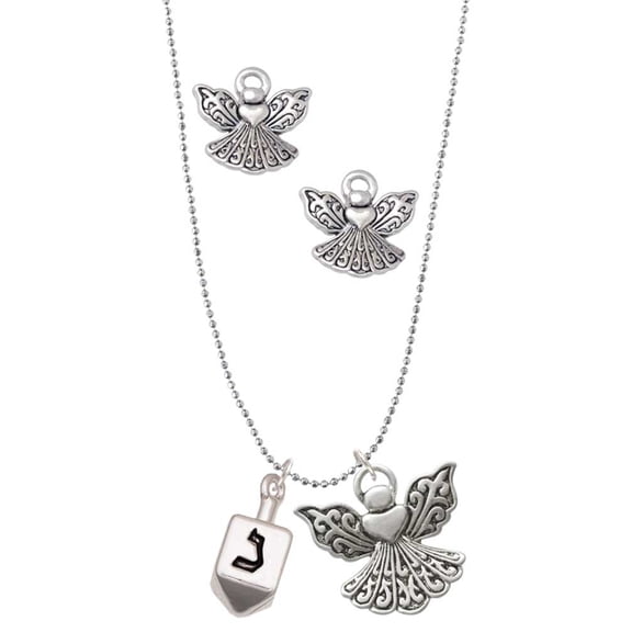 Delight Jewelry Silvertone 3-D Dreidel - Silver tone Guardian Angel Charm Necklace and Stud Earrings