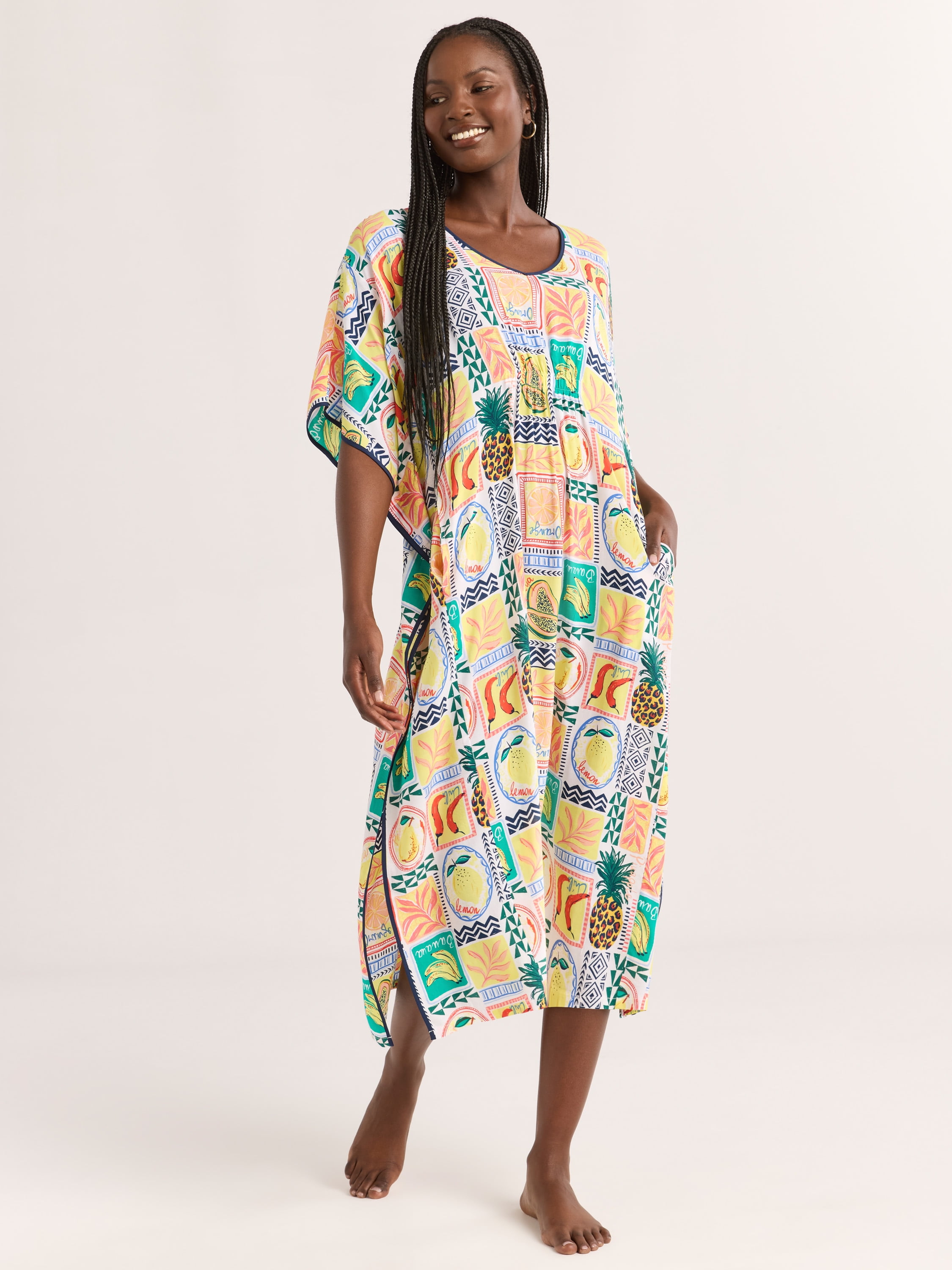 Joyspun Women's Woven Caftan Nightgown 46-inch Maxi Sleepwear with