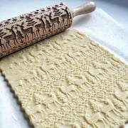 Christmas Snowflake Elk Wooden Rolling Pin Embossing Baking Cookies Noodle Biscuit Fondant Cake Dough Patterned Roller, Wood Color