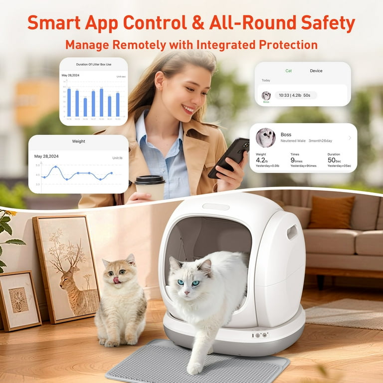 Osoeri 75L Smart Automatic Self-Cleaning Cat Litter Box, APP Control/Integrated Safety Protection,Gray