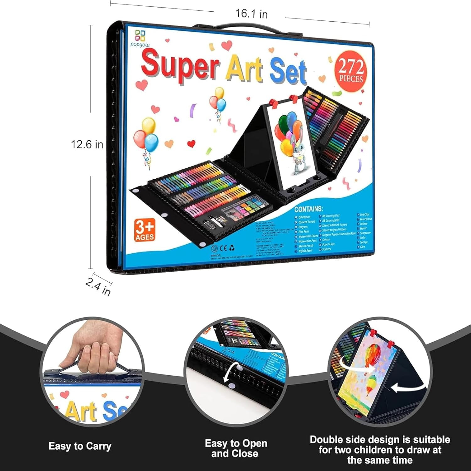 Art Supplies, 272 Pack Art Set Drawing Kit  Artist, Deluxe Gift Art Box with Trifold Easel (Black)