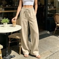 thumbnail image 2 of ZHYou No Boundarie Linen Pants for Women Wide Leg Drawstring Stretchy Waist Casual Loose Fit Lightweight Trousers with Pockets,Khaki,Size M, 2 of 6