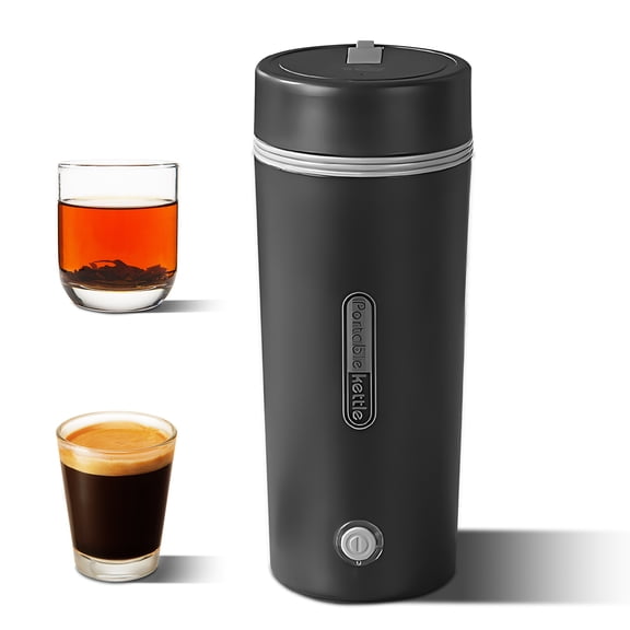 Portable Electric Kettle 1.5 Cup Small Travel Tea Coffee Water Boiler Double Wall Stainless Steel Cup with Auto Shut-Off Black 350ml