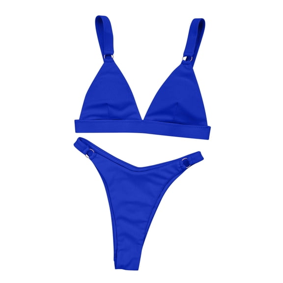 Efsteb Womens High Waisted Bikini Sets Beach Two Piece Swimsuits High Waist Bikini Solid Color Summer V Neck Bathing Suit Swimwear (Blue,M)