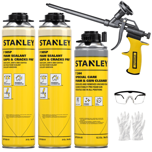 Stanley F905P Gaps & Cracks Pro Foam Sealant - Expanding Polyurethane Foam for Wide Gaps & Cracks - Waterproof - Gun Use (Gun & Cleaner Included), 24oz - 2 Pack Set