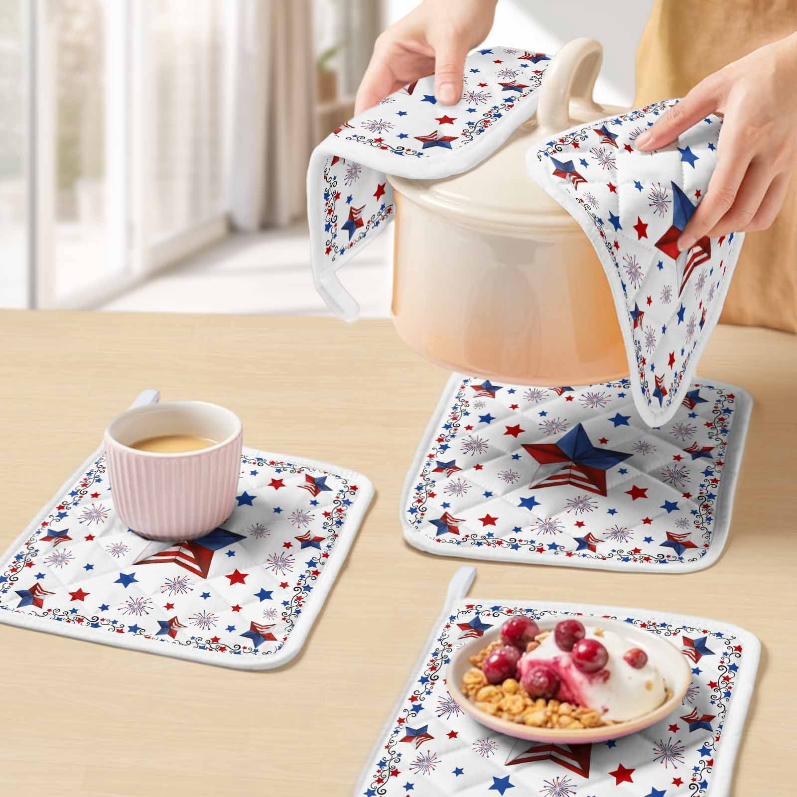 Blue Red Pentagram Pot Holders for Kitchen Heatproof Potholder, 5 Pack Independence Day Retro Country Hot Pads Multipurpose Oven Pads Cloth Potholders Trivet for Cooking Baking