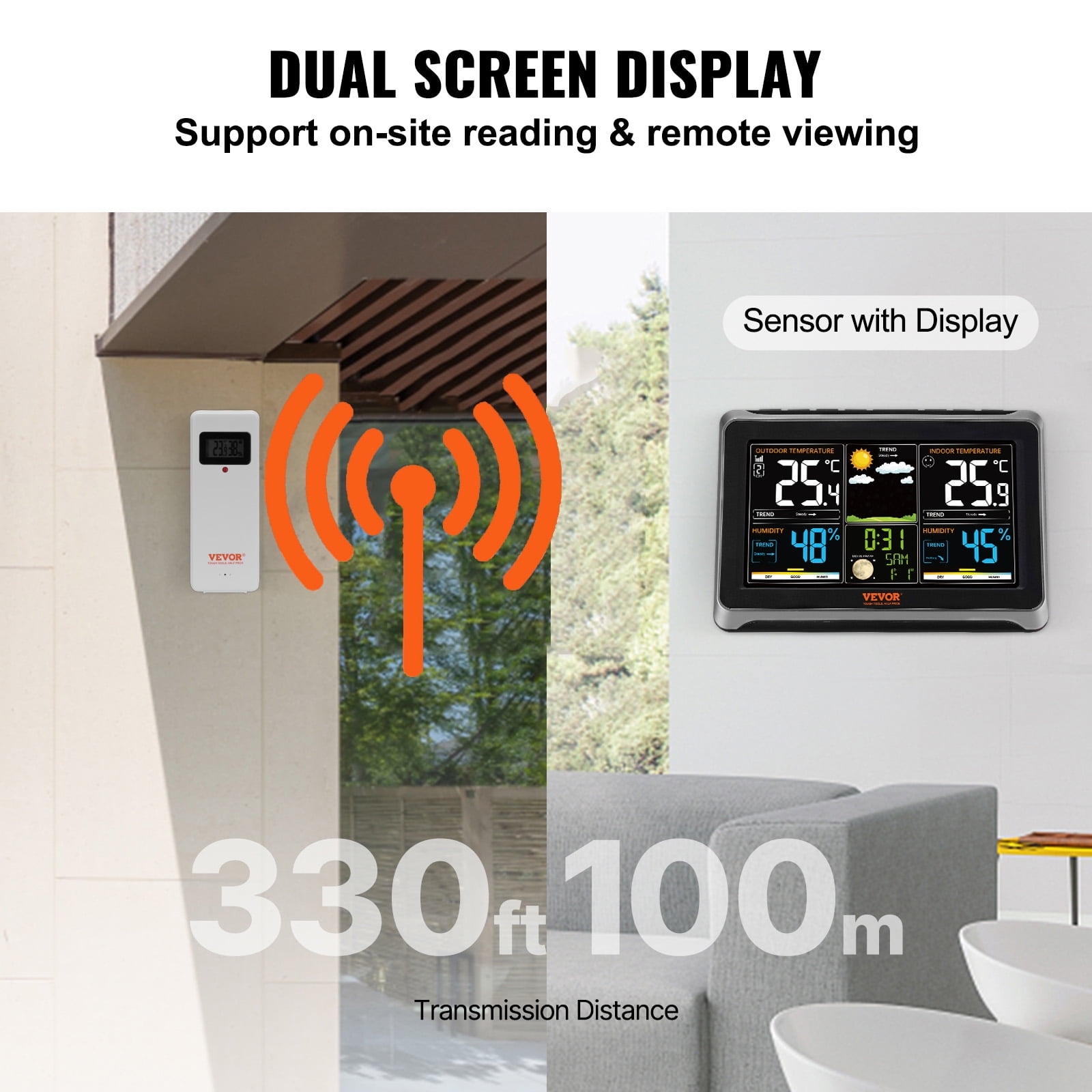 VEVOR 7-in-1 Wireless Weather Station with Sensor Atomic Clock, Indoor/Outdoor Temperature, Indoor/Outdoor Humidity, Personalized Forecast