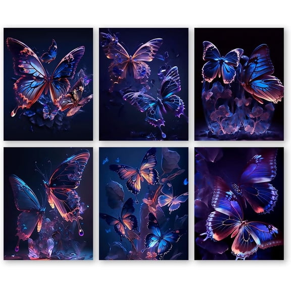 Blue Butterfly Canvas Poster Fantasy Wall Art,Colorful Luminous Forest Natural Landscape Animal Prints,Gift for Girl Bethroom Decor, 8x10inches Unframed Canvas Set of 6